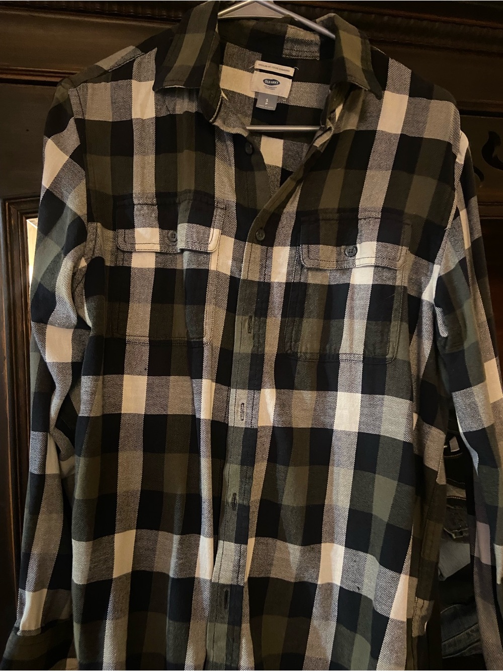 Old Navy Olive, Black & Cream Plaid Button-Down Shirt